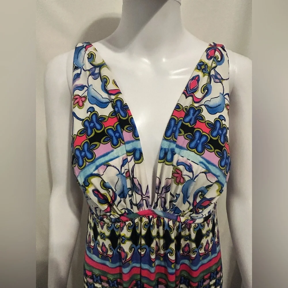 Nwt Natori Sz S Floral Aztec Tribal Geometric Flowy V Neck Maxi Dress Boho Y2K - Picture 2 of 10